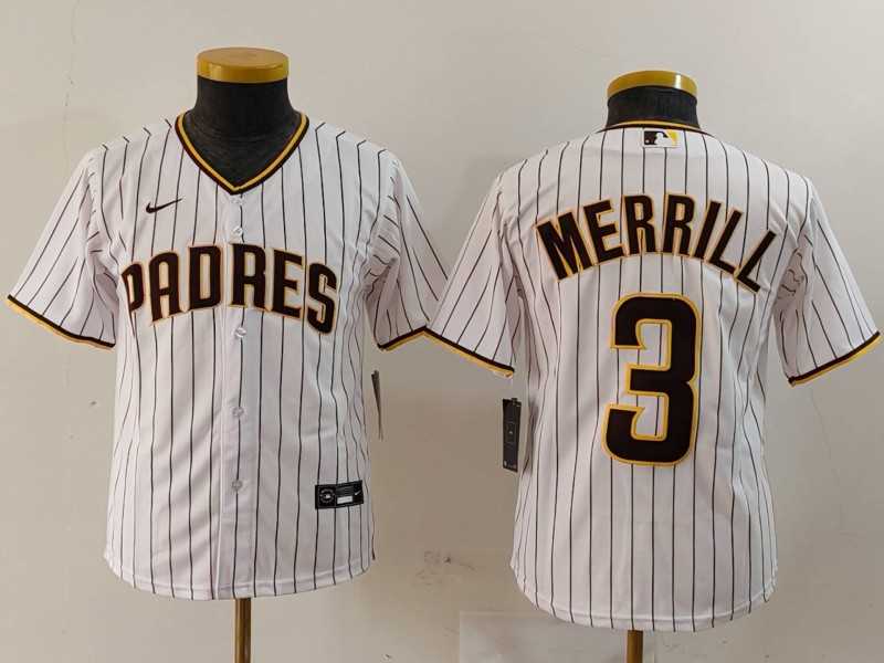 Youth San Diego Padres #3 Jackson Merrill White 2023 Cool Base Stitched Jersey->mlb youth jerseys->MLB Jersey